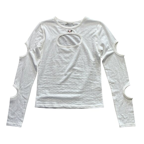 Sandy Liang Cut-Out Orbit Top size S small off-white pointelle ribbed knit shirt - Picture 8 of 10